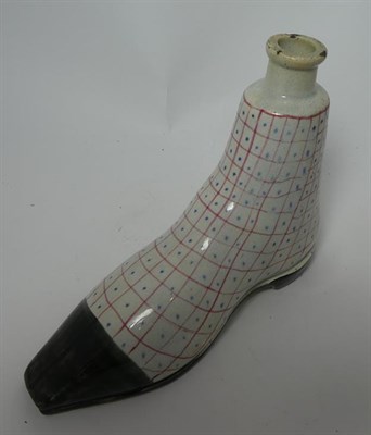 Lot 86 - A Pearlware Flask, possibly Portobello, circa 1820, modelled as a shoe with red and blue...