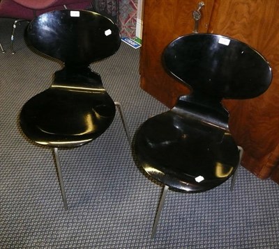 Lot 1741 - A Pair of Arne Jacobsen Ant Chairs, model No.3100, made by Fritz Hansen, painted black plywood...