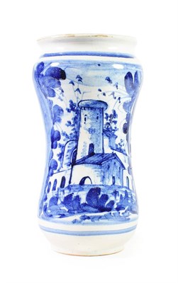 Lot 98 - A Ligurian Maiolica Albarello, dated 1711, of waisted cylindrical form, painted in blue with a...