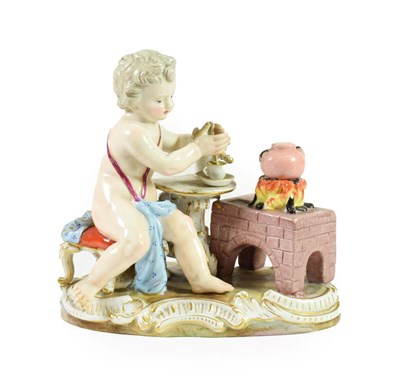 Lot 101 - A Meissen Porcelain Figure of a Cherub, late 19th/20th century, sitting at a tripod table with...