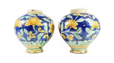 Lot 102 - A Pair of Caltagirone Maiolica Bombola, 17th/18th century, of typical form, painted in blue,...