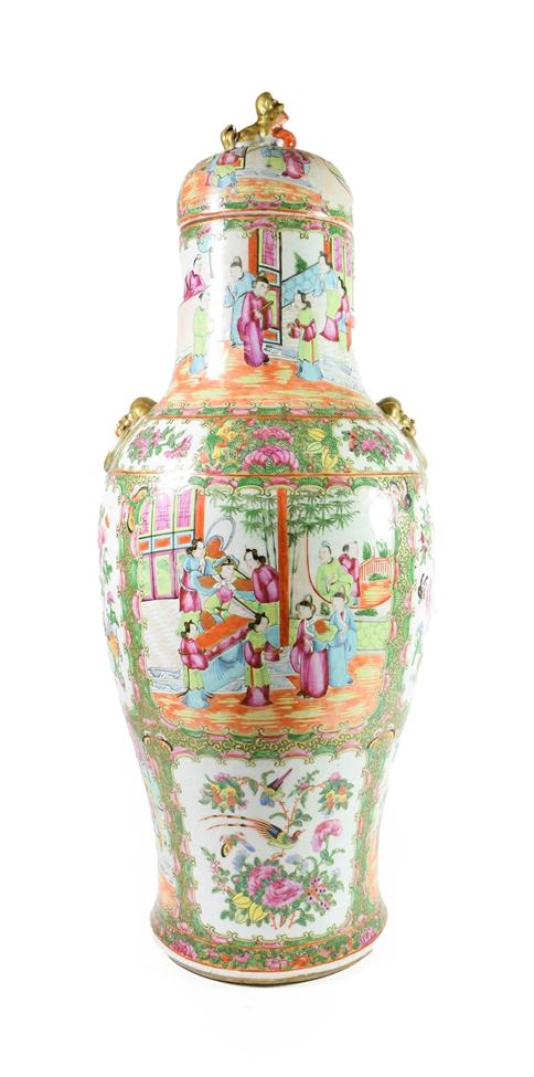 Lot 124 - A Cantonese Porcelain Baluster Vase and Cover, 2nd half 19th century, with mythical beast...