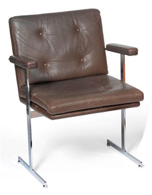 Lot 1745 - A Chrome Armchair, designed by Robin Day for Hille, with stitched brown buttoned leather...