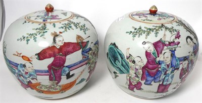 Lot 136 - A Pair of Chinese Porcelain Jars and Covers, late 19th century, of ovoid form, painted in...