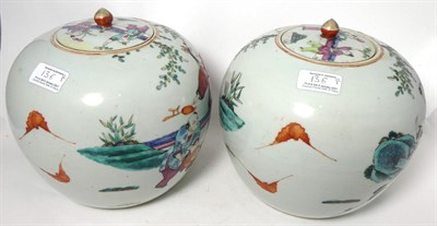 Lot 136 - A Pair of Chinese Porcelain Jars and Covers, late 19th century, of ovoid form, painted in...