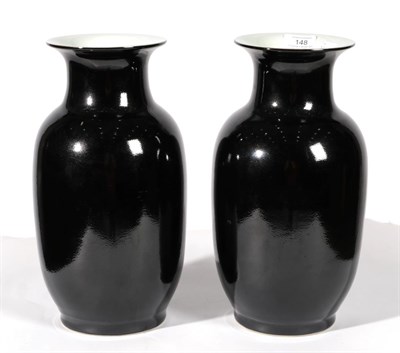 Lot 148 - A Pair of Chinese Porcelain Mirror Black Glazed Vases, late Qing/Republic period, of lantern shape