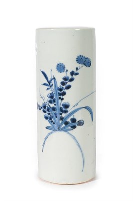 Lot 149 - A Chinese Porcelain Brush Pot, Transitional, of cylindrical form, painted in underglaze blue with a