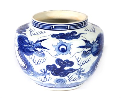 Lot 153 - A Chinese Porcelain Guan, in Kangxi style, painted in underglaze blue with dragons chasing the...