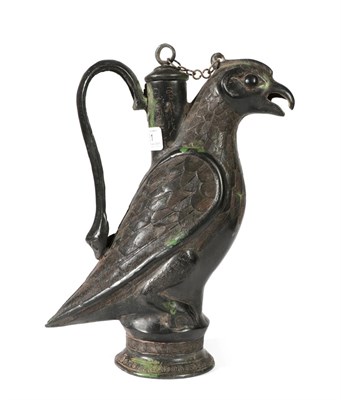 Lot 161 - A Chinese Bronze Ritual Wine Vessel, in Archaic style, modelled as hawk with incised feathers...