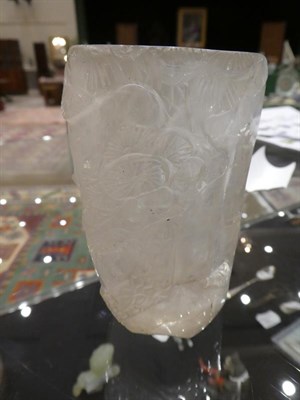 Lot 163 - A Chinese Rock Chrystal Vase, 19th century, of shaped cylindrical form carved with prunus,...