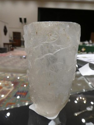 Lot 163 - A Chinese Rock Chrystal Vase, 19th century, of shaped cylindrical form carved with prunus,...