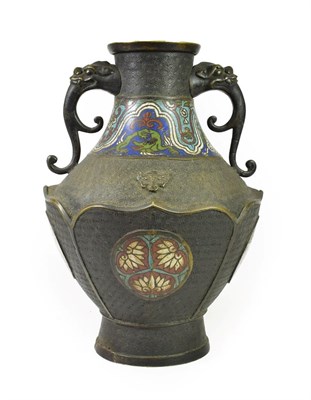 Lot 166 - A Chinese Bronze and Cloisonné Enamel Vase, in Archaic style, of baluster form with elephant marks