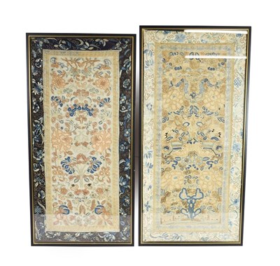 Lot 168 - A Pair of Chinese Silkwork Panels, late Qing, worked in coloured and metal threads with...