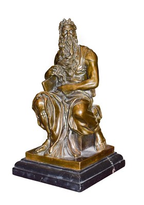 Lot 181 - After Michelangelo: A Bronze Figure of Moses, seated, tablets under one arm, on a rectangular...