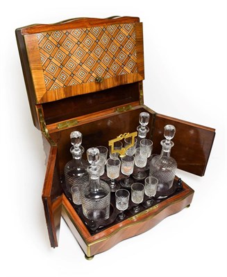 Lot 196 - A Napoleon III Brass Bound and Ivory Inlaid Parquetry and Kingwood Cased Travelling Drinks' Set, of
