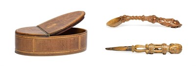 Lot 200 - A George III Mahogany, Satinwood Banded and Marquetry Snuff Box, of oval form, the hinged cover...