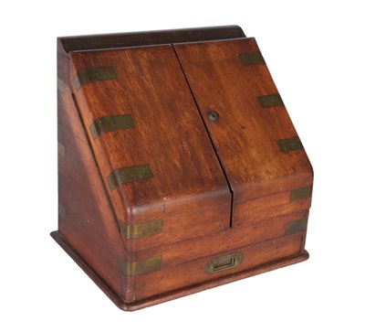 Lot 205 - A Brass Mounted Oak Campaign Stationery Box, late 19th century, with two sloping hinged doors...