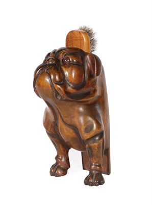 Lot 215 - A French Walnut Brush Stand, early 20th century, modelled as a bulldog with glass eyes, 25cm...