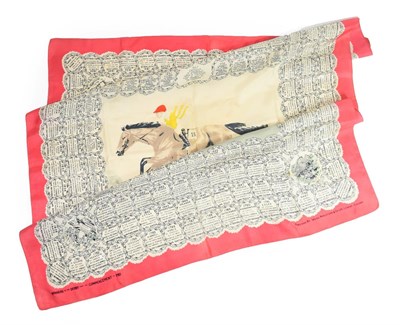 Lot 220 - A Silk Scarf Commemorating the 1958 Derby, printed with HARD RIDDEN OWNED BY SIR VICTOR SASSOON, BY