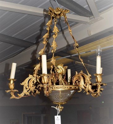 Lot 223 - A Gilt Metal Six-Light Chandelier, 19th century, with leaf cast boss and chains, cut glass bowl and