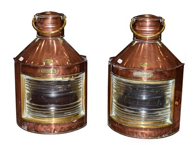 Lot 225 - A Pair of Bulpitt & Sons Brass and Copper Ship's Lanterns, early 20th century, of traditional form