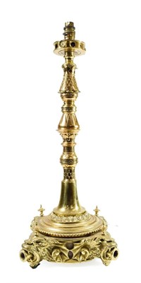 Lot 226 - A Brass Gas Table Lamp, late 19th century, of knopped baluster form, on a circular base with...