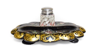 Lot 248 - A Papier-Mâché Inkstand, circa 1850, of lobed oval form, with pen recess and painted and gilt...