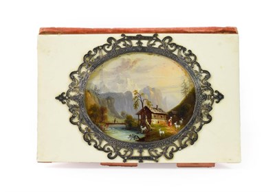 Lot 249 - An Ivory Cased Aide de Memoire, circa 1860, of rectangular form, set with an Alpine landscape...