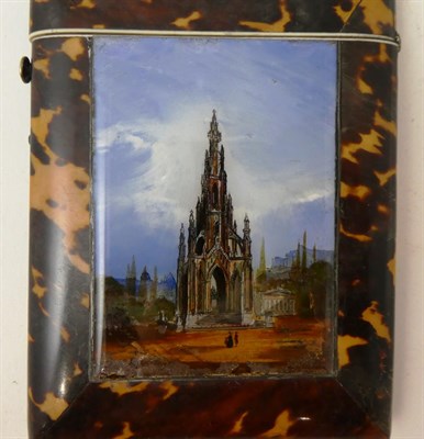 Lot 252 - A Tortoiseshell Card Case, circa 1860, of rectangular form, set with a verre eglomise panel...