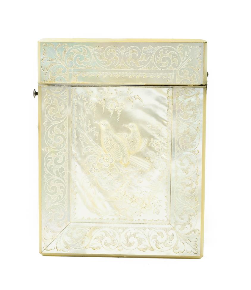 Lot 255 - A Mother-of-Pearl Card Case, circa 1850, carved with partridge amongst foliage within an...