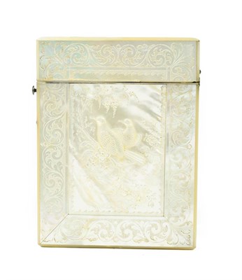 Lot 255 - A Mother-of-Pearl Card Case, circa 1850, carved with partridge amongst foliage within an...