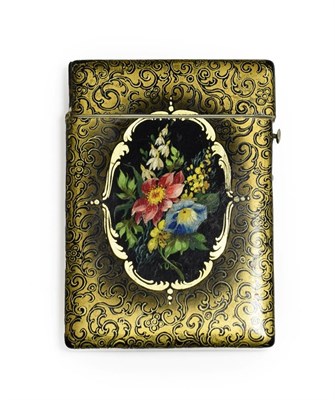 Lot 256 - A Papier-Mâché Card Case, circa 1860, of rectangular form, painted with flowersprays within a...