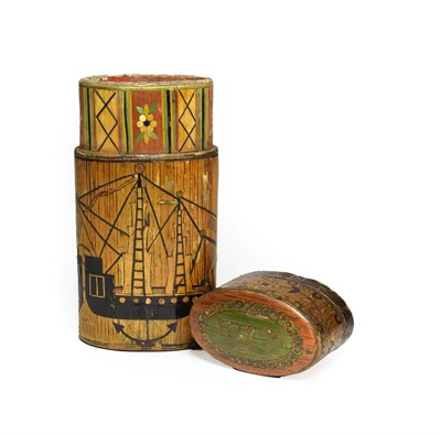 Lot 262 - A French Straw-Work Box and Cover, circa 1800, of oval section, worked in colours with an armorial