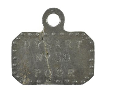 Lot 295 - Dysart, a beggar's badge, of canted rectangular form, inscribed DYSART No50 POOR within a...