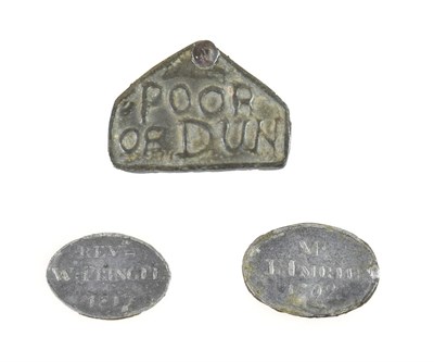 Lot 301 - Dun, a beggar's badge, of triangular form, inscribed POOR OF DUN, 4cm wide; and Two Small Oval...