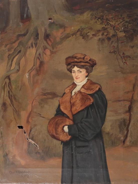 Lot 369 - Charles E. Baldock (19th/20th century)  Portrait of an elegant lady wearing a brown fur muff...
