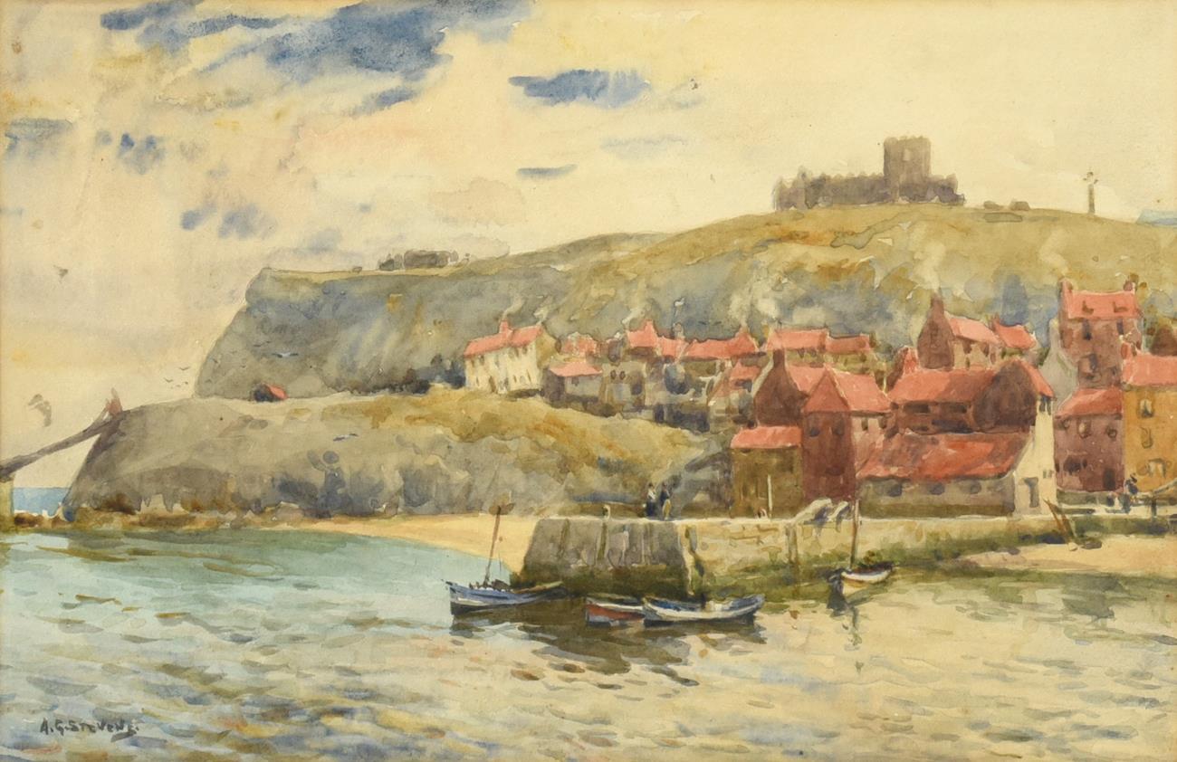 Lot 370 - Albert George Stevens (1863-1925) A view of Whitby Abbey from the Harbour Signed, watercolour, 19cm