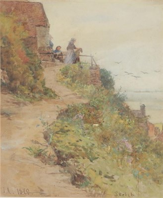 Lot 371 - James Aumonier (1832-1911) Fisherfolk looking out over Runswick Bay Initialled, inscribed...