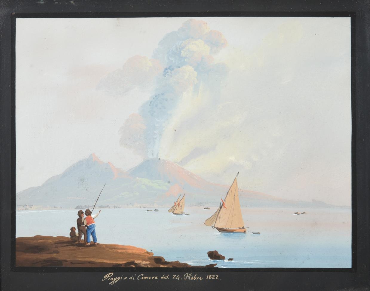 Lot 375 - Neapolitan School (19th century)  View of the Bay of Naples with rumbling Vesuvius  Inscribed...