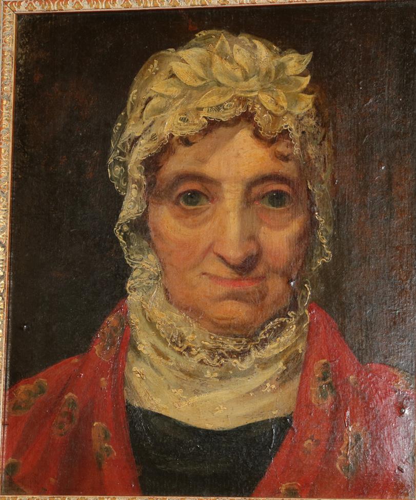 Lot 376 - Circle of Erskine Nicol (1825-1904) Scottish  Head study portrait of a lady wearing a white...