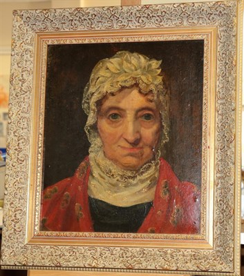 Lot 376 - Circle of Erskine Nicol (1825-1904) Scottish  Head study portrait of a lady wearing a white...