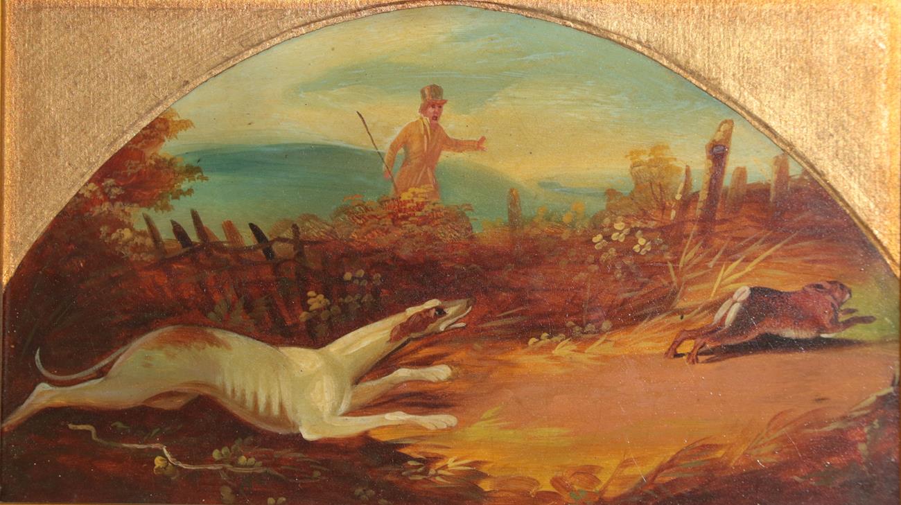 Lot 381 - Follower of Henry Thomas Alken (1785-1851) Hound chasing hare Oil on metal, 11.5cm high (demi-lune)