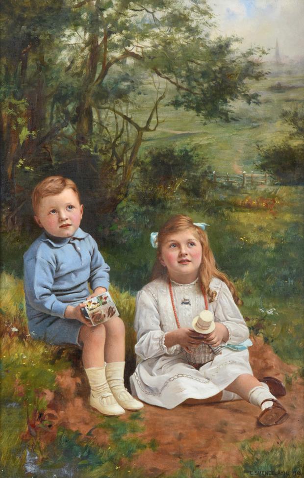 Lot 385 - Charles Spencelayh (1865-1958) Portrait of a young boy and his sister seated in a landscape  Signed