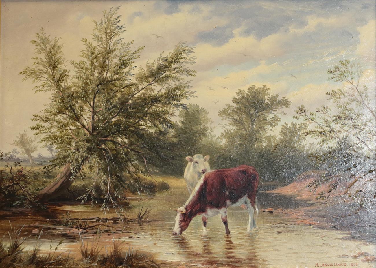 Lot 386 - H Leslie Davis (19th/20th century) Cattle watering on a river  Signed and dated 1899, oil on board