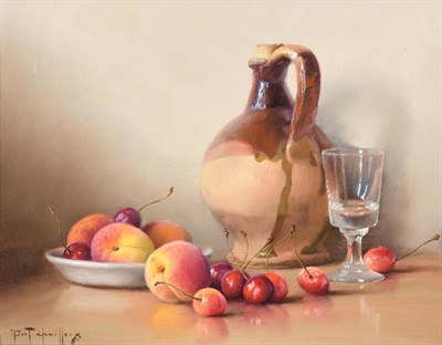Lot 397 - Robert Chailloux (1913-2005) French  Still life of peaches, cherries, a stoneware flagon and a...