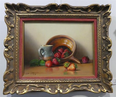 Lot 397 - Robert Chailloux (1913-2005) French  Still life of peaches, cherries, a stoneware flagon and a...