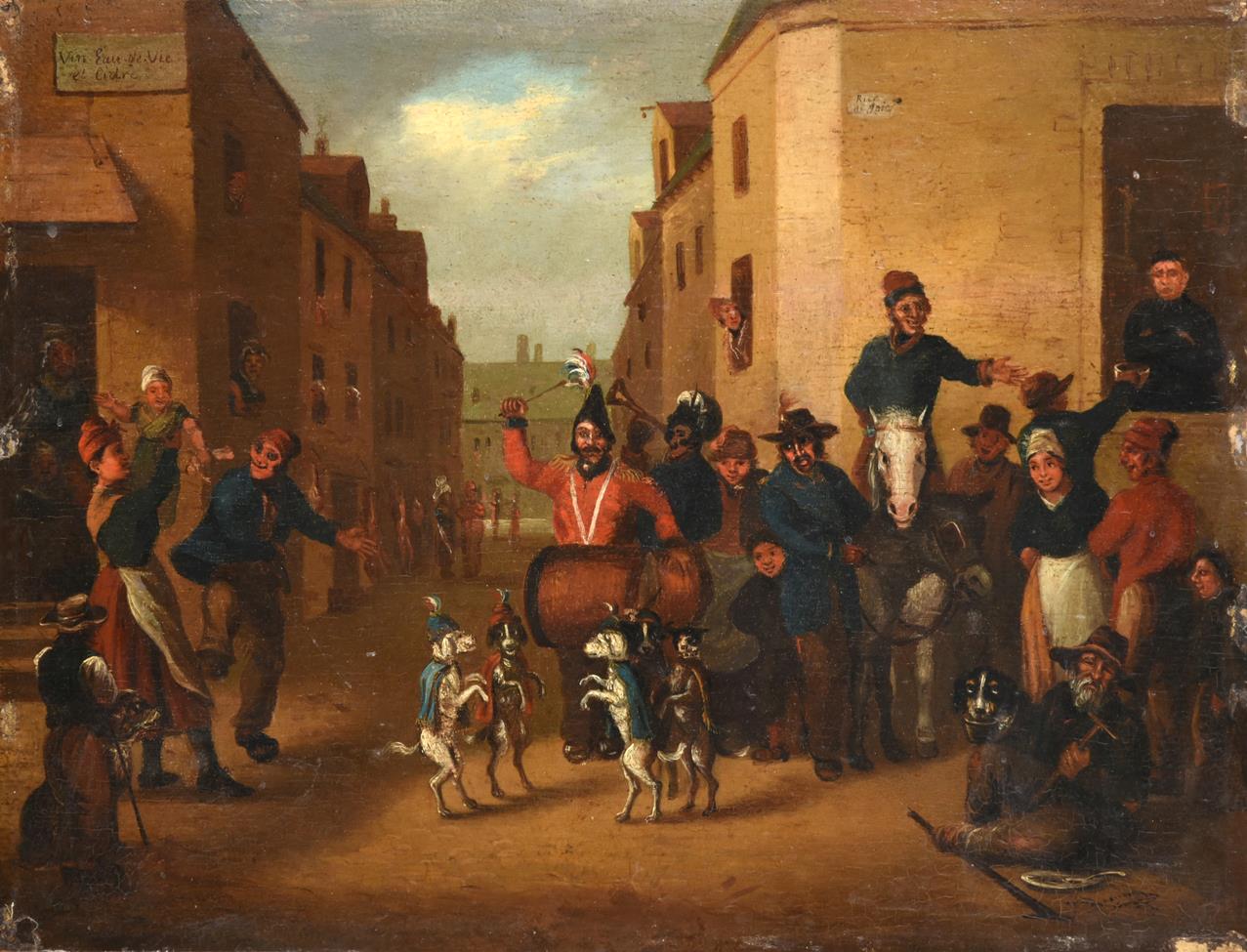 Lot 399 - French School (19th century) Dogs dancing on the Rue de Joie  Oil on panel, 24cm by 31.5cm,...