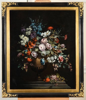 Lot 402 - Continental School (19th century)  Still life of Roses, Carnations and Honeysuckle arranged in...