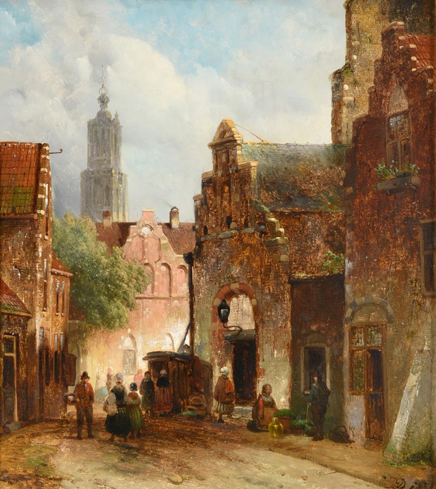 Lot 403 - D Pols (19th century) Dutch  Street scene with figures returning from market Signed, oil on...