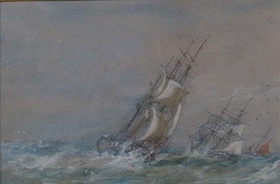 Lot 404 - Sir Oswald Brierly RWS (1817-1894) Sailed, masted ships in a squall Signed and indistinctly...
